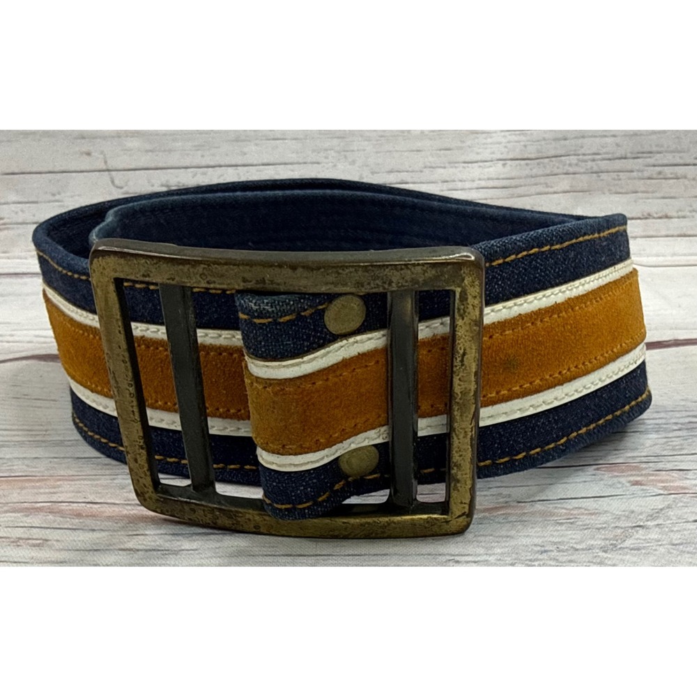 Vintage Levis for Gals Denim Suede Stripe Belt Blue Tan Brass Buckle 70s
